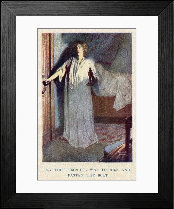Framed Print : Jane Eyre by Charlotte Bronte, illustration by Edmund Dulac. My first impulse was to rise and fasten the bolt. Jane frightened in her bedroom. Date: 1922