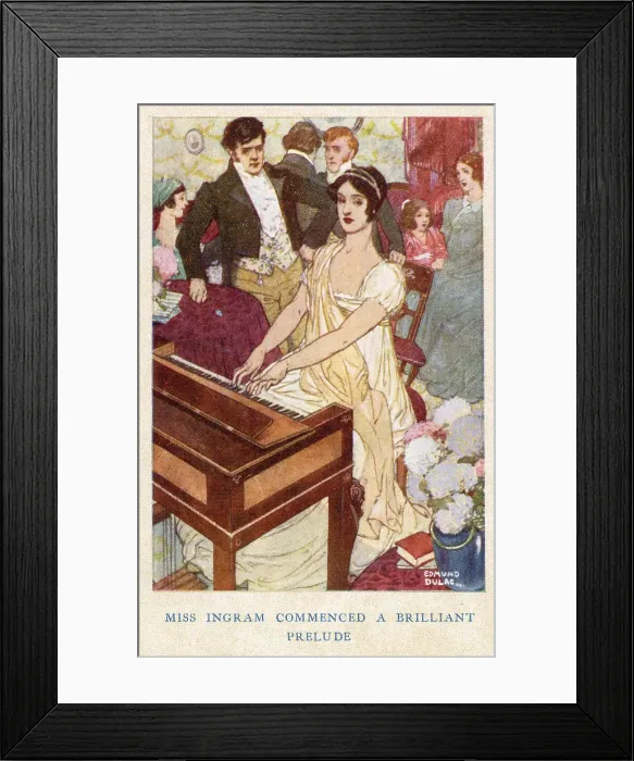 Framed Print : Jane Eyre by Charlotte Bronte, illustration by Edmund Dulac. Miss Ingram commenced a brilliant prelude. Date: 1922 Framed Print : Jane Eyre by Charlotte Bronte, illustration by Edmund Dulac. Miss Ingram commenced a brilliant prelude. Date: 1922