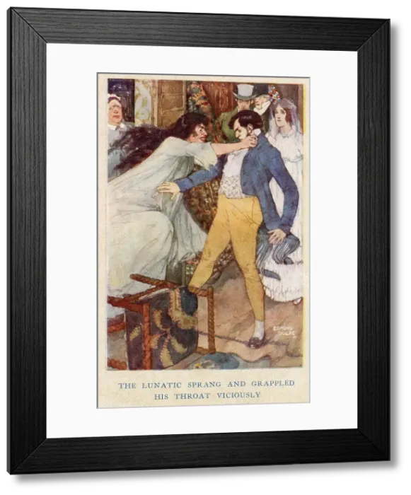 Framed Print : Jane Eyre by Charlotte Bronte, illustration by Edmund Dulac. The lunatic sprang and grappled his throat viciously. Date: 1922 Framed Print : Jane Eyre by Charlotte Bronte, illustration by Edmund Dulac. The lunatic sprang and grappled his throat viciously. Date: 1922