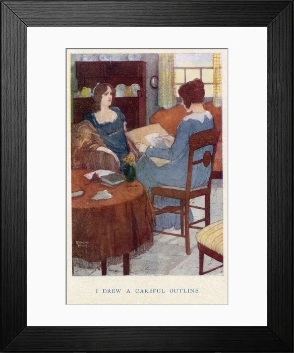 Framed Print : Jane Eyre by Charlotte Bronte, illustration by Edmund Dulac. I drew a careful outline. Jane draws Miss Oliver. Date: 1922 Framed Print : Jane Eyre by Charlotte Bronte, illustration by Edmund Dulac. I drew a careful outline. Jane draws Miss Oliver. Date: 1922