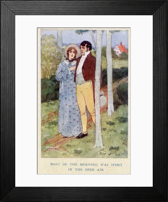 Framed Print : Jane Eyre by Charlotte Bronte, illustration by Edmund Dulac. Most of the morning was spent in the open air. Jane with Mr Rochester. Date: 1922 Framed Print : Jane Eyre by Charlotte Bronte, illustration by Edmund Dulac. Most of the morning was spent in the open air. Jane with Mr Rochester. Date: 1922