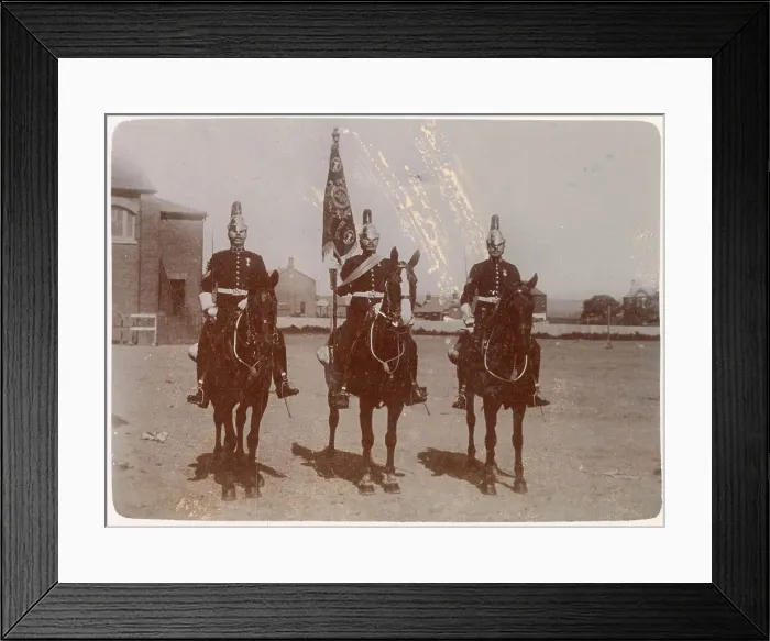 Framed Print : Three Colour Sergeants, 1st Royal Dragoons, on horseback, with regimental guidon showing Peninsular and Balaclava battle honours. Date: 1900s Framed Print : Three Colour Sergeants, 1st Royal Dragoons, on horseback, with regimental guidon showing Peninsular and Balaclava battle honours. Date: 1900s