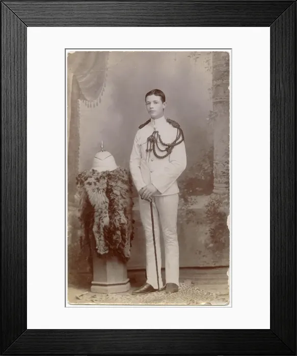 Framed Print : Studio photo, young soldier in white uniform, left shoulder aiguillette and white spiked sun helmet, Far East Date: circa 1910 Framed Print : Studio photo, young soldier in white uniform, left shoulder aiguillette and white spiked sun helmet, Far East Date: circa 1910