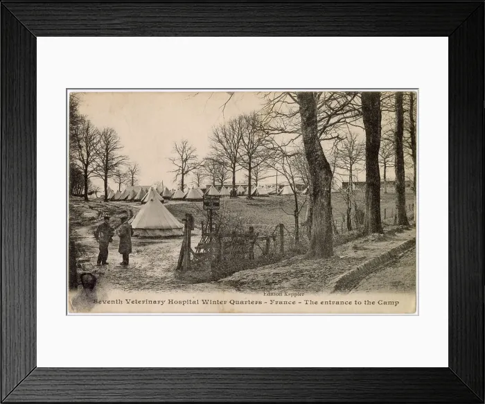 Framed Print : Entrance to camp, Seventh Veterinary Hospital, British Army, winter quarters, France, WW1 Date: circa 1914 Framed Print : Entrance to camp, Seventh Veterinary Hospital, British Army, winter quarters, France, WW1 Date: circa 1914