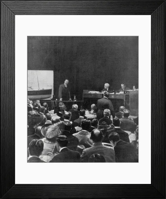 Framed Print : A sensational moment in the Titanic inquiry: Sir Cosmo Duff-Gordon giving evidence in the London Scottish Drill Hall. Date: 1912
