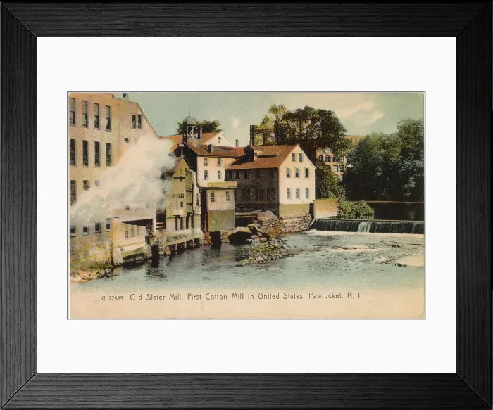 Framed Print : Old Slater Mill (first cotton mill in the USA), Blackstone River, Pawtucket, Rhode Island, USA - now a museum. Date: early 1900s Framed Print : Old Slater Mill (first cotton mill in the USA), Blackstone River, Pawtucket, Rhode Island, USA - now a museum. Date: early 1900s