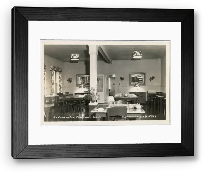 Framed Print : Dining Room at the Canyon Inn, Johnsville (gold mining town), Plumas County, California, USA Date: circa 1940 Framed Print : Dining Room at the Canyon Inn, Johnsville (gold mining town), Plumas County, California, USA Date: circa 1940