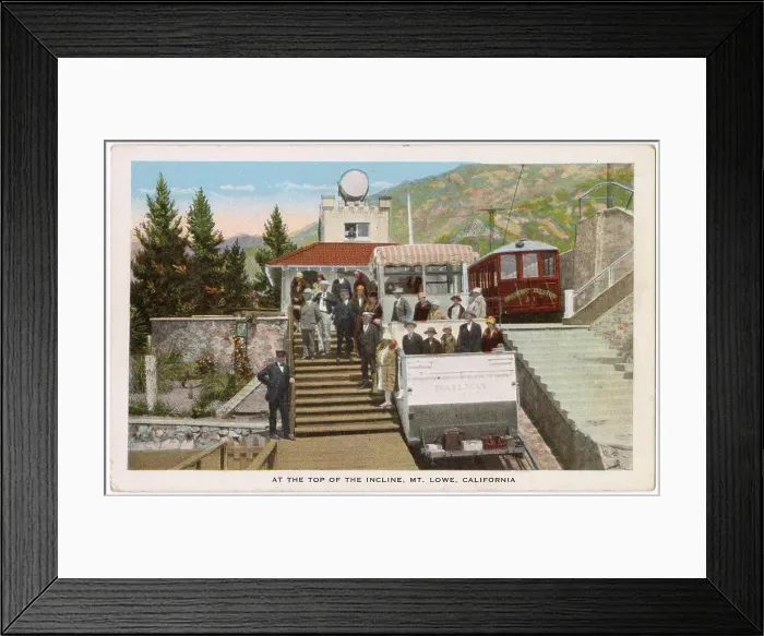 Framed Print : Tourists at the top of Mount Lowe, Los Angeles County, California, USA, with Pacific Electric railway cars Date: circa 1915 Framed Print : Tourists at the top of Mount Lowe, Los Angeles County, California, USA, with Pacific Electric railway cars Date: circa 1915