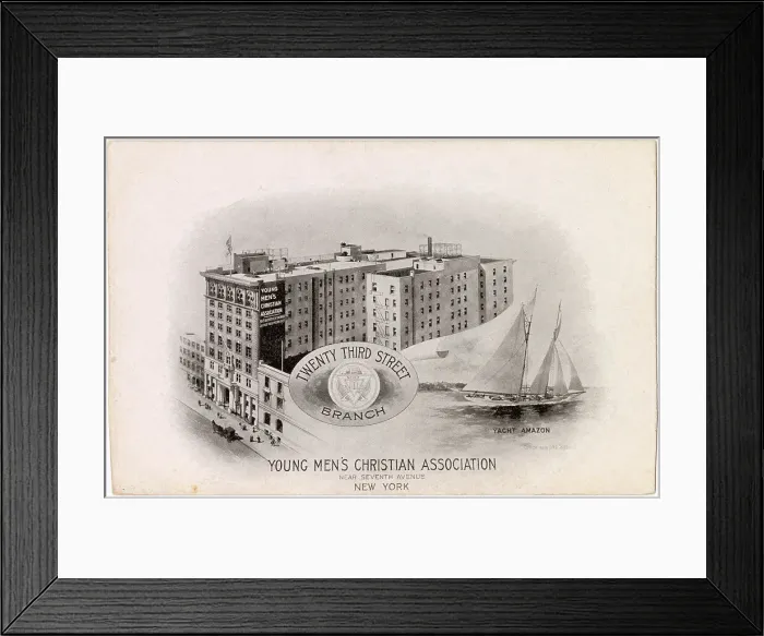 Framed Print : YMCA Building, 213 West 23rd Street, near 7th Avenue, New York City, USA, with inset of Yacht Amazon. Date: circa 1906 Framed Print : YMCA Building, 213 West 23rd Street, near 7th Avenue, New York City, USA, with inset of Yacht Amazon. Date: circa 1906