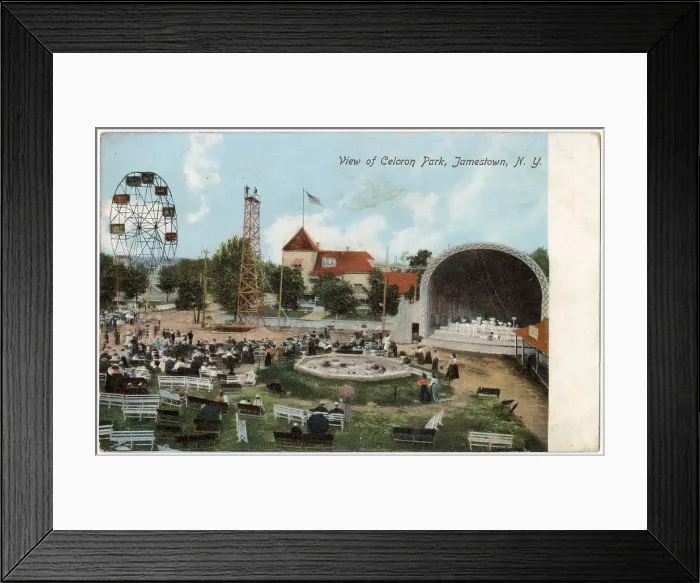 Framed Print : Celoron Park, Jamestown, New York State, USA, with Phoenix ferris wheel from Atlanta Expo 1895 and high diving tower. Now renamed as Lucille Ball Memorial Park. Date: circa 1906 Framed Print : Celoron Park, Jamestown, New York State, USA, with Phoenix ferris wheel from Atlanta Expo 1895 and high diving tower. Now renamed as Lucille Ball Memorial Park. Date: circa 1906