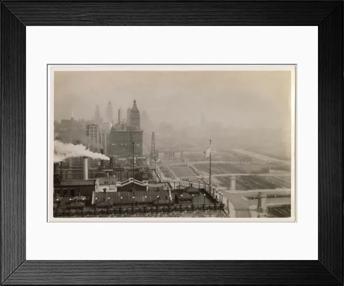 Framed Print : View of Chicago with air pollution, looking north (from Stevens Hotel roof), Illinois, USA, showing Blackstone Hotel rooftop with Illiois Central railyards. Date: circa 1935 Framed Print : View of Chicago with air pollution, looking north (from Stevens Hotel roof), Illinois, USA, showing Blackstone Hotel rooftop with Illiois Central railyards. Date: circa 1935