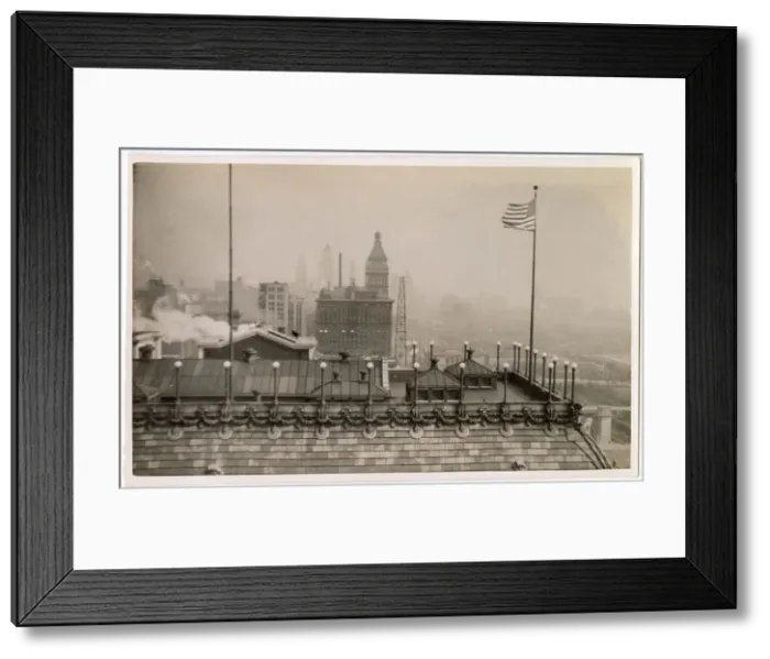 Framed Print : View of Chicago with air pollution, looking north (from Stevens Hotel roof), Illinois, USA, showing Blackstone Hotel rooftop. Date: circa 1935 Framed Print : View of Chicago with air pollution, looking north (from Stevens Hotel roof), Illinois, USA, showing Blackstone Hotel rooftop. Date: circa 1935