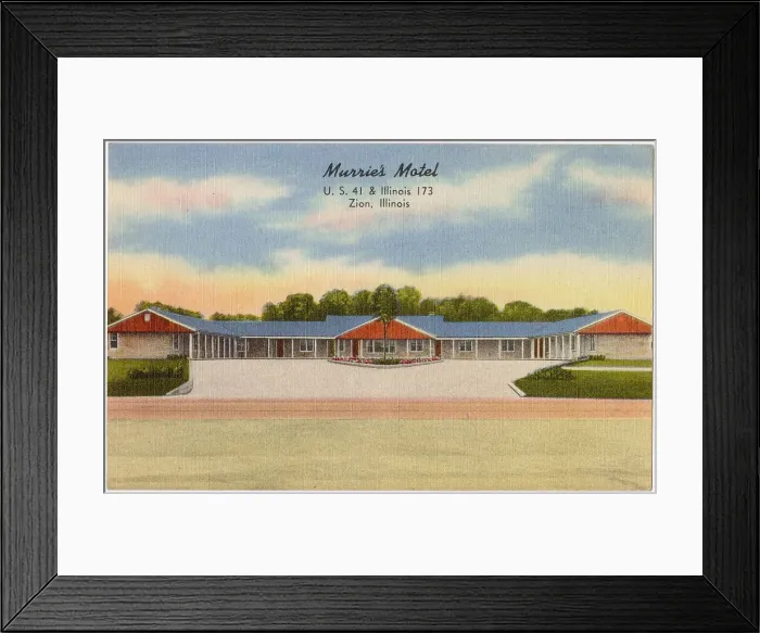 Framed Print : Murrie's Motel, Zion, Illinois, USA - open all year round, ultra-modern rooms, popular prices, television in rooms. Date: circa 1940 Framed Print : Murrie's Motel, Zion, Illinois, USA - open all year round, ultra-modern rooms, popular prices, television in rooms. Date: circa 1940