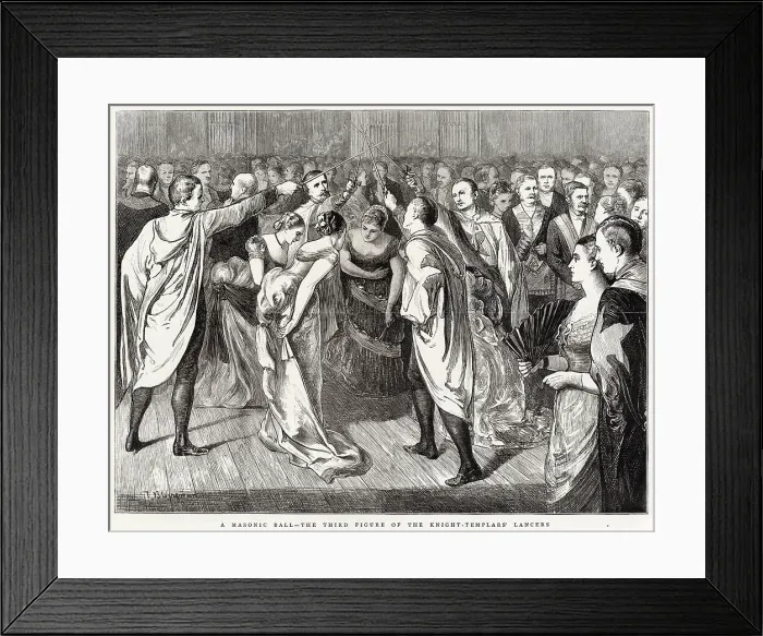 Framed Print : A masonic ball at Cambridge, given by the Isaac Newton University Lodge of Freemasons. The engraving represents the third figure of the Knight Templars Lancers, when the knights cross their swords over their partners heads Framed Print : A masonic ball at Cambridge, given by the Isaac Newton University Lodge of Freemasons. The engraving represents the third figure of the Knight Templars Lancers, when the knights cross their swords over their partners heads