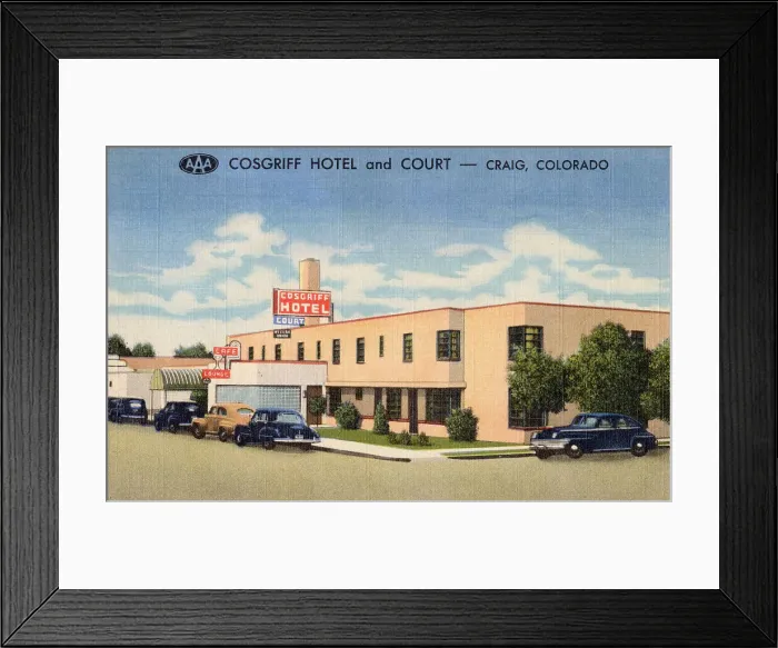 Framed Print : Cosgriff Hotel and Court, Craig, Colorado, USA - modern 70-room hotel, cocktail lounge, coffee shop, built in 1940. Date: 1949 Framed Print : Cosgriff Hotel and Court, Craig, Colorado, USA - modern 70-room hotel, cocktail lounge, coffee shop, built in 1940. Date: 1949