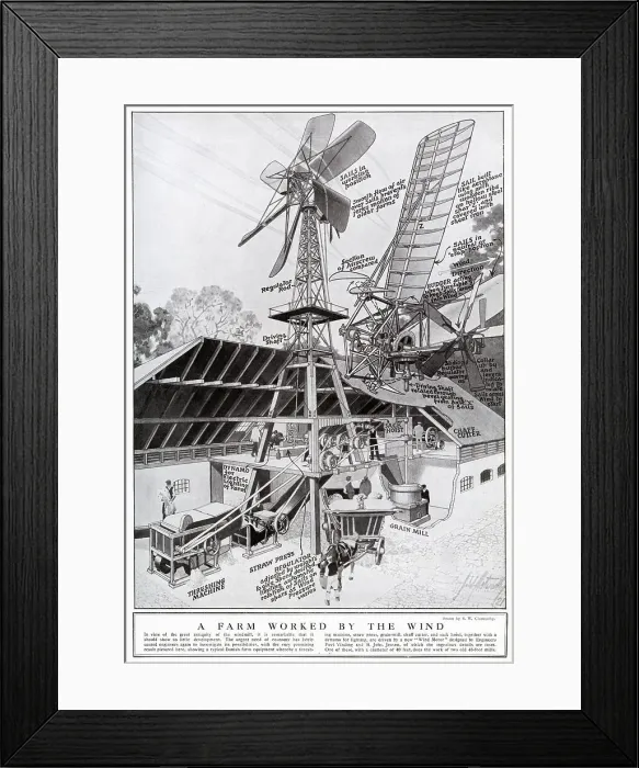 Framed Print : A Danish farm using wind-power in lots of their equipment: threshing machine, straw press, grain-mill, chaff cutter and sack hoist. Date: 1921 Framed Print : A Danish farm using wind-power in lots of their equipment: threshing machine, straw press, grain-mill, chaff cutter and sack hoist. Date: 1921