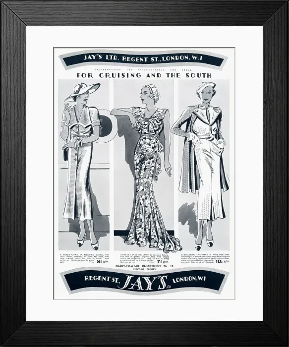 Framed Print : Three ready to wear cruising outfits for women. Date: 1935 Framed Print : Three ready to wear cruising outfits for women. Date: 1935