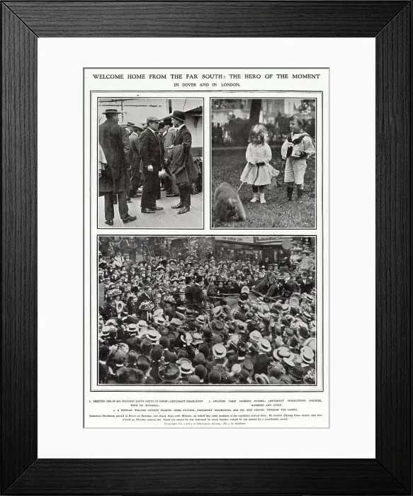 Framed Print : Page from The Illustrated London News reporting on the return of Ernest Shackleton's Antarctica expedition to the UK. Date: 1909 Framed Print : Page from The Illustrated London News reporting on the return of Ernest Shackleton's Antarctica expedition to the UK. Date: 1909