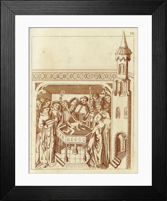 Framed Print : Baptism of Richard Beauchamp (1382-1439), Earl of Warwick. His godfathers were King Richard II and Richard Scrope, Bishop of Lichfield and later Archbishop of York. Date: 1382 Framed Print : Baptism of Richard Beauchamp (1382-1439), Earl of Warwick. His godfathers were King Richard II and Richard Scrope, Bishop of Lichfield and later Archbishop of York. Date: 1382