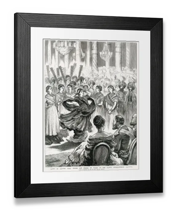 Framed Print : Dance of nautch girls before the Prince of Wales at the native entertainment at the Villa of Belgatchia in Calcutta, India. Date: 1876 Framed Print : Dance of nautch girls before the Prince of Wales at the native entertainment at the Villa of Belgatchia in Calcutta, India. Date: 1876