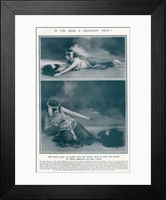 Framed Print : Maud Allan (1873 - 1956), dancer and choreographer. Playing Salome in The Vision of Salome. Inspired by Oscar Wilde's play Salome, Maud Allan can be seen with dummy head of John the Baptist at the Palace. Date: 1908 Framed Print : Maud Allan (1873 - 1956), dancer and choreographer. Playing Salome in The Vision of Salome. Inspired by Oscar Wilde's play Salome, Maud Allan can be seen with dummy head of John the Baptist at the Palace. Date: 1908
