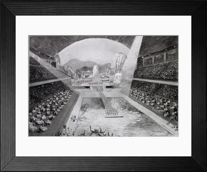 Framed Print : Artist's impression of Earl's Court with a lido pool made possible by lowering the foor. Date: 1937 Framed Print : Artist's impression of Earl's Court with a lido pool made possible by lowering the foor. Date: 1937