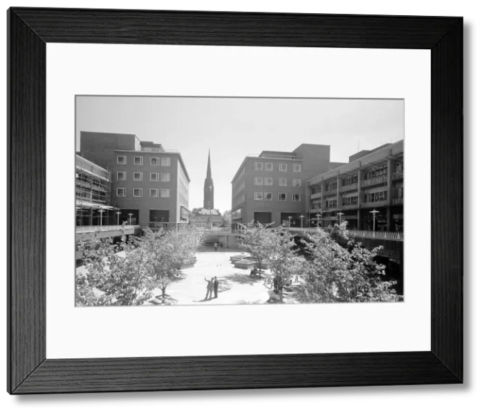 Framed Print : Upper Precinct, Coventry, West Midlands. General view of the shopping precinct in Coventry with the cathedral spire in the distance. Date: 1960s Framed Print : Upper Precinct, Coventry, West Midlands. General view of the shopping precinct in Coventry with the cathedral spire in the distance. Date: 1960s