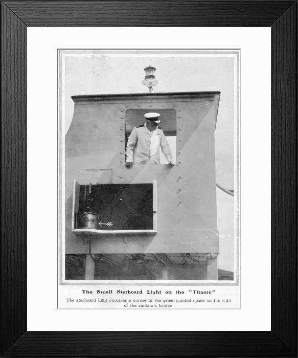 Framed Print : The small starboard light on the Titanic. The starboard light occupies a corner of the green-painted space on the side of the captain's bridge. Date: 1912 Framed Print : The small starboard light on the Titanic. The starboard light occupies a corner of the green-painted space on the side of the captain's bridge. Date: 1912