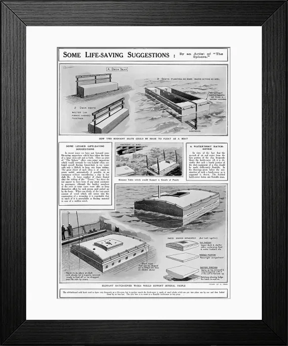 Framed Print : Some life-saving suggestions in The Sphere, in the aftermath of the Titanic disaster. How two buoyant seats could be made to float as a boat. Buoyant table which would support a couple of people Framed Print : Some life-saving suggestions in The Sphere, in the aftermath of the Titanic disaster. How two buoyant seats could be made to float as a boat. Buoyant table which would support a couple of people