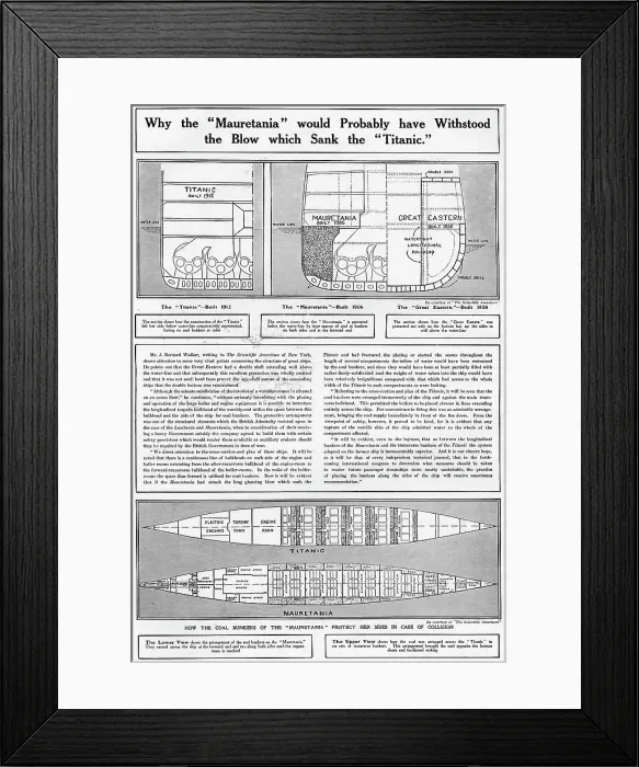 Framed Print : Why the Mauretania would probably have withstood the blow which sank the Titanic. Diagrams of the Titanic, the Mauretania and the Great Eastern showing how the coal bunkers of the Mauretania protect her sides in case of collision. Date: 1912 Framed Print : Why the Mauretania would probably have withstood the blow which sank the Titanic. Diagrams of the Titanic, the Mauretania and the Great Eastern showing how the coal bunkers of the Mauretania protect her sides in case of collision. Date: 1912
