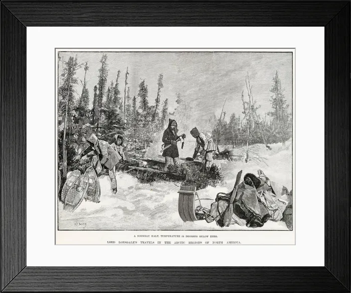 Framed Print : A noonday halt - a 55 degrees below zero. Scene during his expedition in 1889 through North West North America, from the North Saskatchewan River to the shores of the Arctic Ocean across Alaska to the North Pacific. Date: 1890 Framed Print : A noonday halt - a 55 degrees below zero. Scene during his expedition in 1889 through North West North America, from the North Saskatchewan River to the shores of the Arctic Ocean across Alaska to the North Pacific. Date: 1890