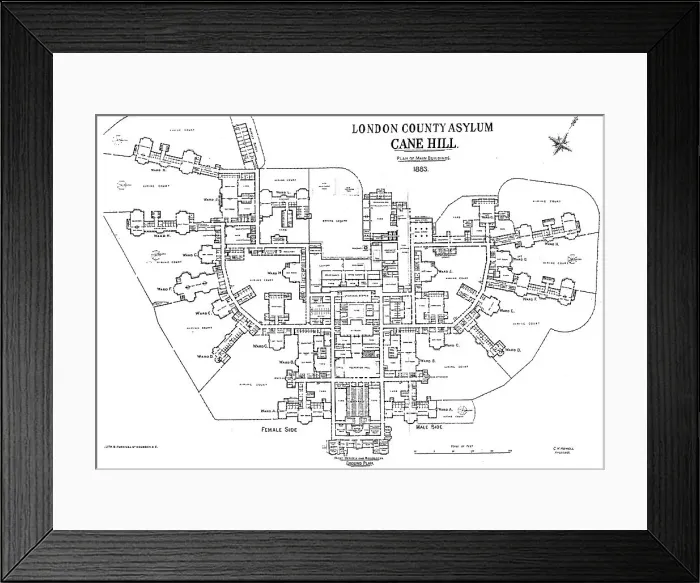 Framed Print : Plan of the Main Buildings of the London County Asylum (Hospital) at Cane Hill - C.H. Howell - Architect. Date: 1883 Framed Print : Plan of the Main Buildings of the London County Asylum (Hospital) at Cane Hill - C.H. Howell - Architect. Date: 1883