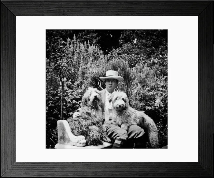 Framed Print : Walford Graham Robertson (1866-1948) RP, RBA, ROI - British painter, illustrator and author. Pictured relaxing in a garden with pet dogs. Date: circa 1910 Framed Print : Walford Graham Robertson (1866-1948) RP, RBA, ROI - British painter, illustrator and author. Pictured relaxing in a garden with pet dogs. Date: circa 1910