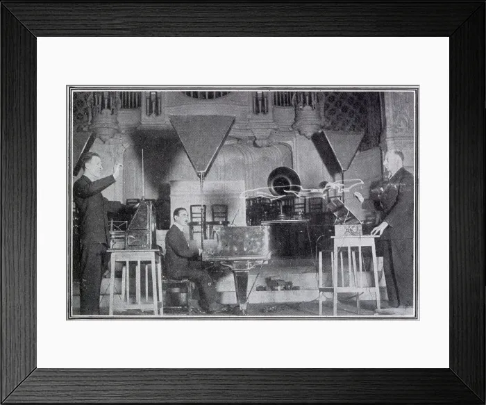 Framed Print : Leon Theremin (1896 - 1993) giving a demonstration of his electronic musical instrument in concert at the Albert Hall (pictured) where he played Schubert's Ave Maria and other airs. He is shown here in duet with Mr Goldberg Framed Print : Leon Theremin (1896 - 1993) giving a demonstration of his electronic musical instrument in concert at the Albert Hall (pictured) where he played Schubert's Ave Maria and other airs. He is shown here in duet with Mr Goldberg