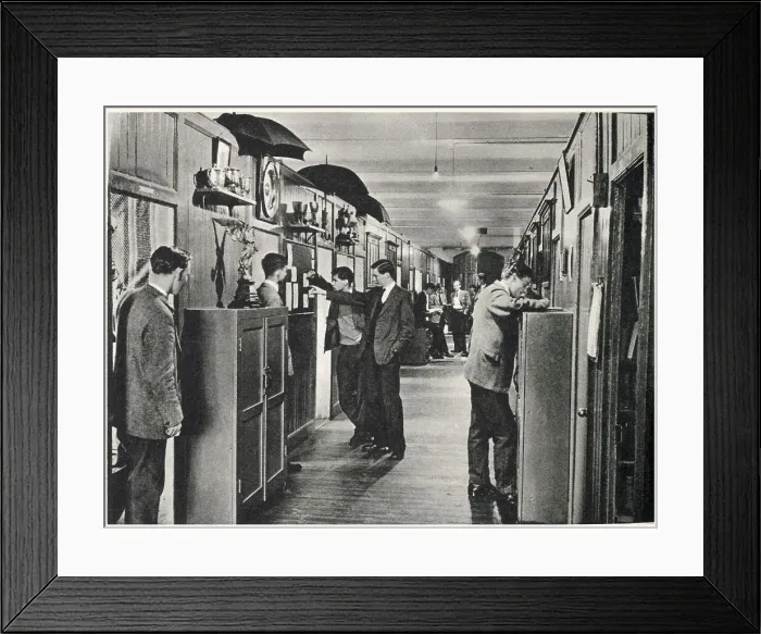 Framed Print : Dormitory passage in Anglesey, with, on the left, school trophies on display and umbrellas hung up to dry. Date: 1959 Framed Print : Dormitory passage in Anglesey, with, on the left, school trophies on display and umbrellas hung up to dry. Date: 1959