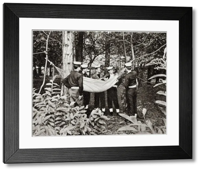 Framed Print : Members of the Naval section of Wellington College's cadet force learning how to sling a hammock in contrasting surroundings. Date: 1959 Framed Print : Members of the Naval section of Wellington College's cadet force learning how to sling a hammock in contrasting surroundings. Date: 1959