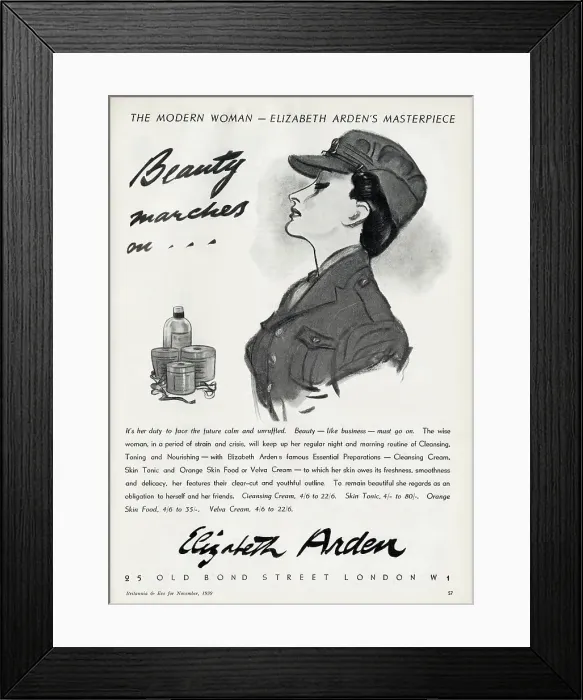 Framed Print : Beauty marches on... WWII era advertisement for Elizabeth Arden featuring a woman smartly dressed in uniform. It's her duty to face the future calm and unruffled. Beauty - like business - must go on. Date: 1939