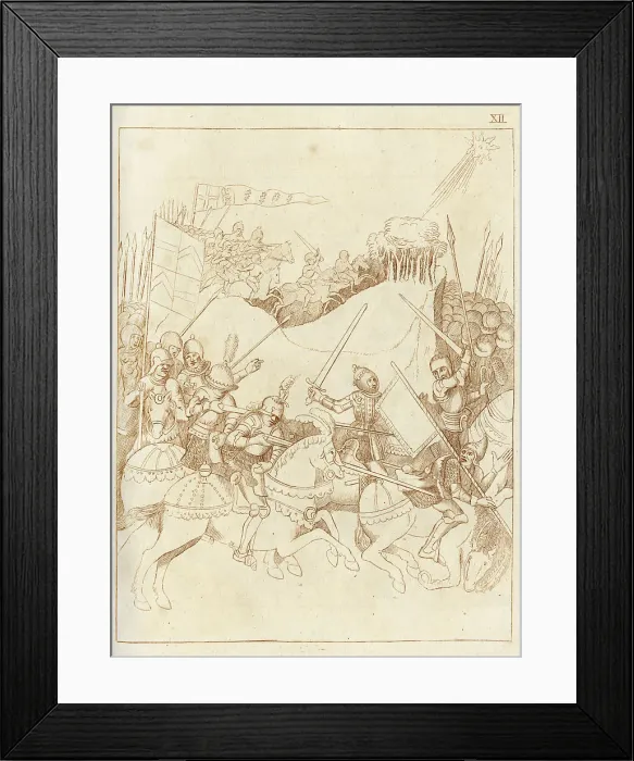 Framed Print : A battle between Richard Beauchamp, Earl of Warwick and the Welsh leader Owen Glendower; in the sky the stella comata (comet) that appeared in 1402, foreshadowing the war between England and Wales. Date: 1402 Framed Print : A battle between Richard Beauchamp, Earl of Warwick and the Welsh leader Owen Glendower; in the sky the stella comata (comet) that appeared in 1402, foreshadowing the war between England and Wales. Date: 1402