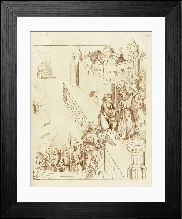 Framed Print : Richard Beauchamp, Earl of Warwick, is received at a quay by his cousin, Robert, Duke of Bar. In the background, a walled town, or possibly a palace. Date: 1408 Framed Print : Richard Beauchamp, Earl of Warwick, is received at a quay by his cousin, Robert, Duke of Bar. In the background, a walled town, or possibly a palace. Date: 1408