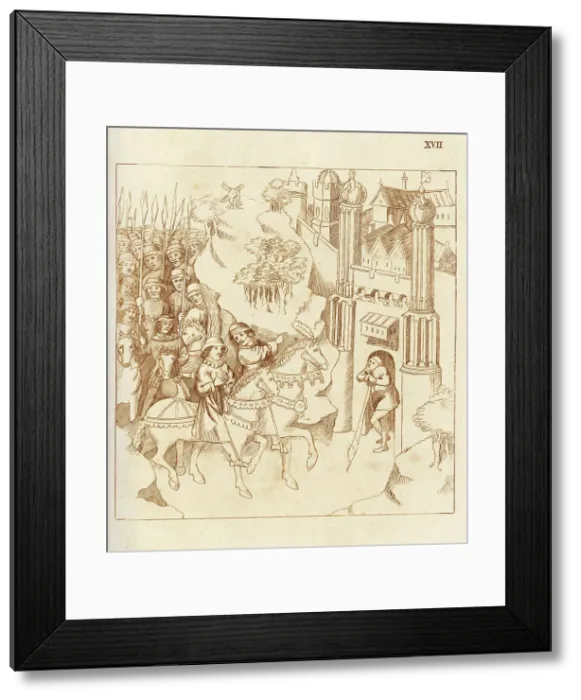 Framed Print : Richard Beauchamp, Earl of Warwick, and his cousin the Duke of Bar ride together to Paris, the king of France there then being present. Date: C.1408