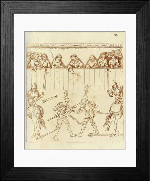 Framed Print : Richard Beauchamp, Earl of Warwick, in single combat with Pandolfo III Malatesta, both on foot with pole axes, before Galeas of Mantua. Date: C.1408 Framed Print : Richard Beauchamp, Earl of Warwick, in single combat with Pandolfo III Malatesta, both on foot with pole axes, before Galeas of Mantua. Date: C.1408