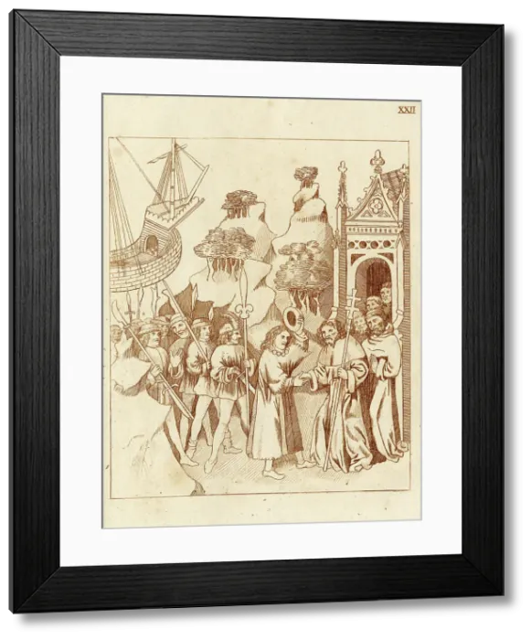 Framed Print : Richard Beauchamp, Earl of Warwick, on pilgrimage to the Holy Land, is welcomed to Jerusalem by the deputy of the city's Patriarch. Date: C.1409 Framed Print : Richard Beauchamp, Earl of Warwick, on pilgrimage to the Holy Land, is welcomed to Jerusalem by the deputy of the city's Patriarch. Date: C.1409