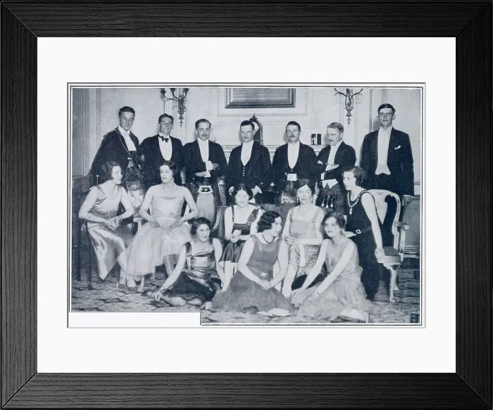 Framed Print : A ball at Gleneagles in aid of the Perthshire Federation District of Nursing Associations. Back row from left: Lord Reay, the Master of Lovat, Mr Andrew Drummond-Moray, Mr Stuart Fotheringham, Lord Scone, Lord James Stewart-Moray, Mr. Stirling Framed Print : A ball at Gleneagles in aid of the Perthshire Federation District of Nursing Associations. Back row from left: Lord Reay, the Master of Lovat, Mr Andrew Drummond-Moray, Mr Stuart Fotheringham, Lord Scone, Lord James Stewart-Moray, Mr. Stirling