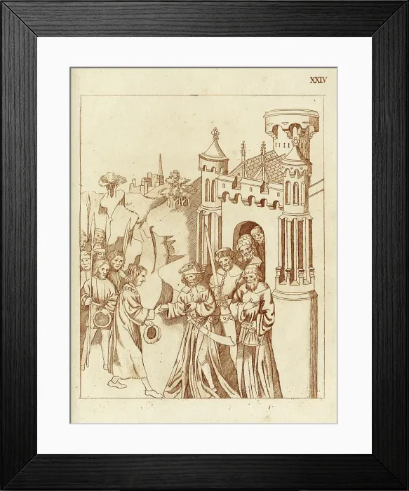 Framed Print : Hearing that Richard Beauchamp, Earl of Warwick, is in Jerusalem, Sir Baltirdam, the Sultan's Lieutenant, receives him and invites him to dine. Date: C.1409 Framed Print : Hearing that Richard Beauchamp, Earl of Warwick, is in Jerusalem, Sir Baltirdam, the Sultan's Lieutenant, receives him and invites him to dine. Date: C.1409