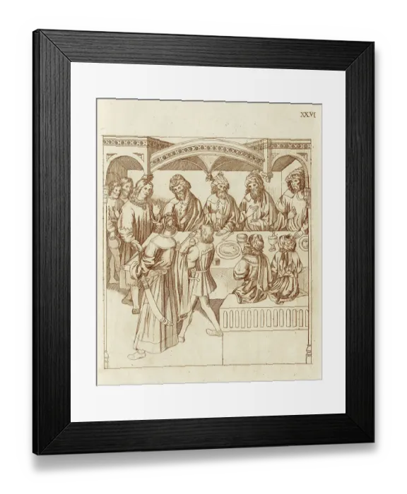 Framed Print : Richard Beauchamp, Earl of Warwick's banquet for Sir Baltirdam and his men, with Beauchamp giving his guests English cloth. Date: C.1409 Framed Print : Richard Beauchamp, Earl of Warwick's banquet for Sir Baltirdam and his men, with Beauchamp giving his guests English cloth. Date: C.1409