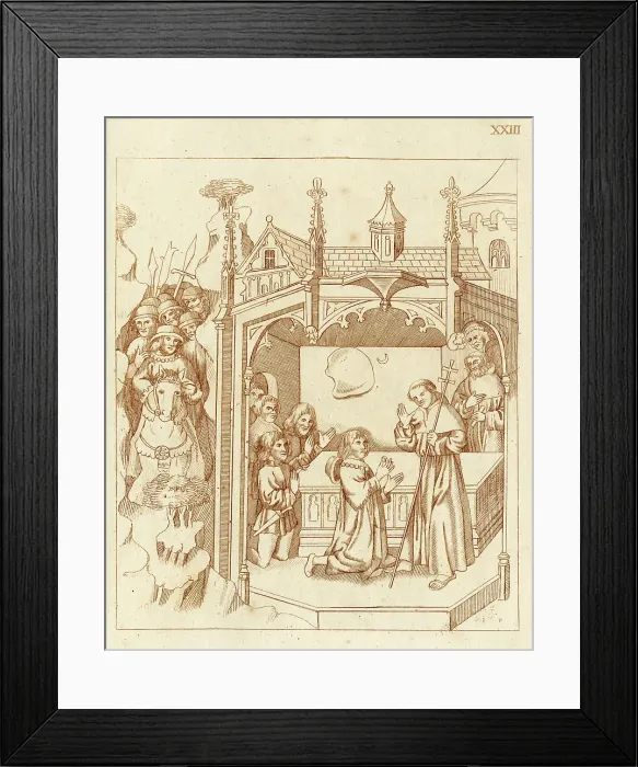 Framed Print : Richard Beauchamp, Earl of Warwick, and his company arrive at the Holy Sepulchre in Jerusalem; Beauchamp kneels before the tomb in the Chapel of the Holy Sepulchre and makes an offering to a friar. Date: C.1409 Framed Print : Richard Beauchamp, Earl of Warwick, and his company arrive at the Holy Sepulchre in Jerusalem; Beauchamp kneels before the tomb in the Chapel of the Holy Sepulchre and makes an offering to a friar. Date: C.1409