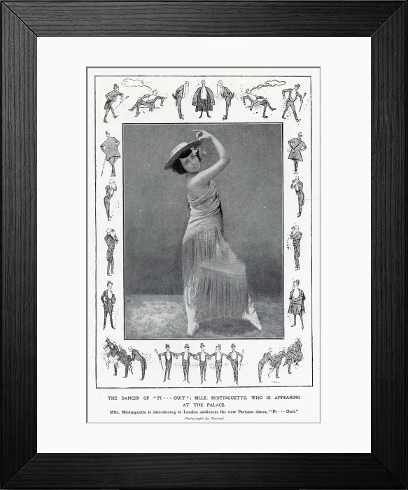 Framed Print : Famous French dancer and entertainer Mistinguett seen in costume during her first performances in London at the Palace Theatre, where she demonstrated the Parisian dance of the Pi........Ouit'. Date: 1907