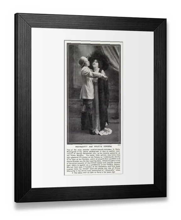 Framed Print : Celebrated Parisian entertainer Mistinguett seen in a costume that mimics that of George Grossmith, with the actress Arlette Dorgere. Date: 1911 Framed Print : Celebrated Parisian entertainer Mistinguett seen in a costume that mimics that of George Grossmith, with the actress Arlette Dorgere. Date: 1911