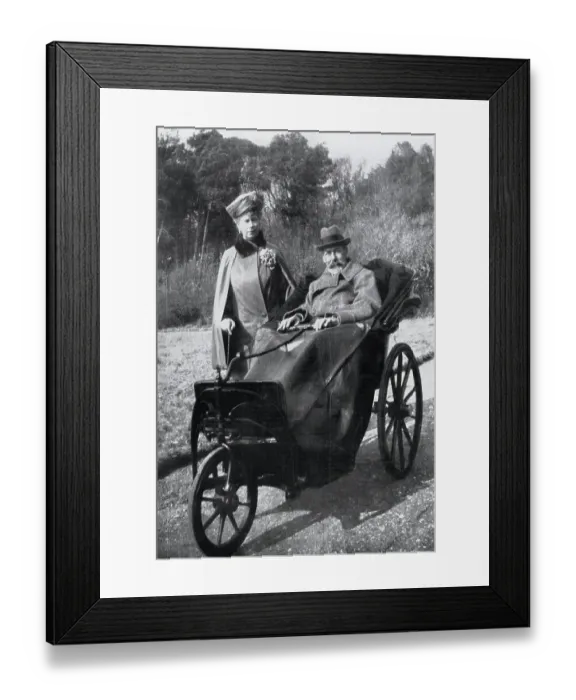 Framed Print : King George V (1865-1936) with Queen Mary in a bath chair (made 40 years previously for Queen Victoria) enjoying the Spring sunshine at Craigwell House, Bognor Regis, West Sussex. Date: 1929 Framed Print : King George V (1865-1936) with Queen Mary in a bath chair (made 40 years previously for Queen Victoria) enjoying the Spring sunshine at Craigwell House, Bognor Regis, West Sussex. Date: 1929