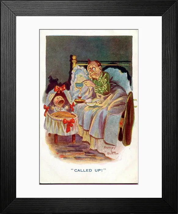 Framed Print : Comic postcard, Man kept awake by crying baby - Called up! A Derby Scheme armband on his jacket shows that he is signed up and ready for active service. Date: circa 1915 Framed Print : Comic postcard, Man kept awake by crying baby - Called up! A Derby Scheme armband on his jacket shows that he is signed up and ready for active service. Date: circa 1915